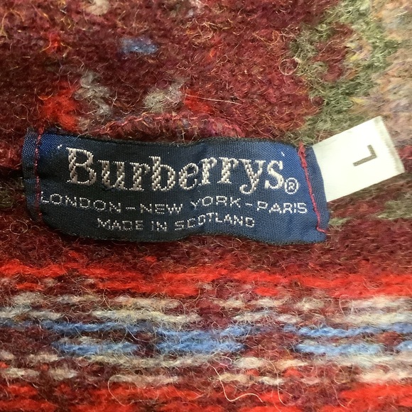 Burberrys Made in Scotland Fair Isle Wool Shawl Collar Sweater L Vintage 70s-80s - Picture 5 of 15